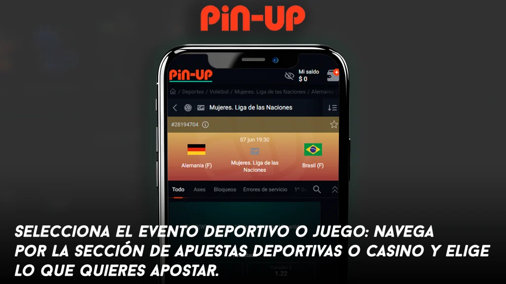 Selecciona el evento deportivo o juego: Navega por la sección de apuestas deportivas o casino y elige lo que quieres apostar.